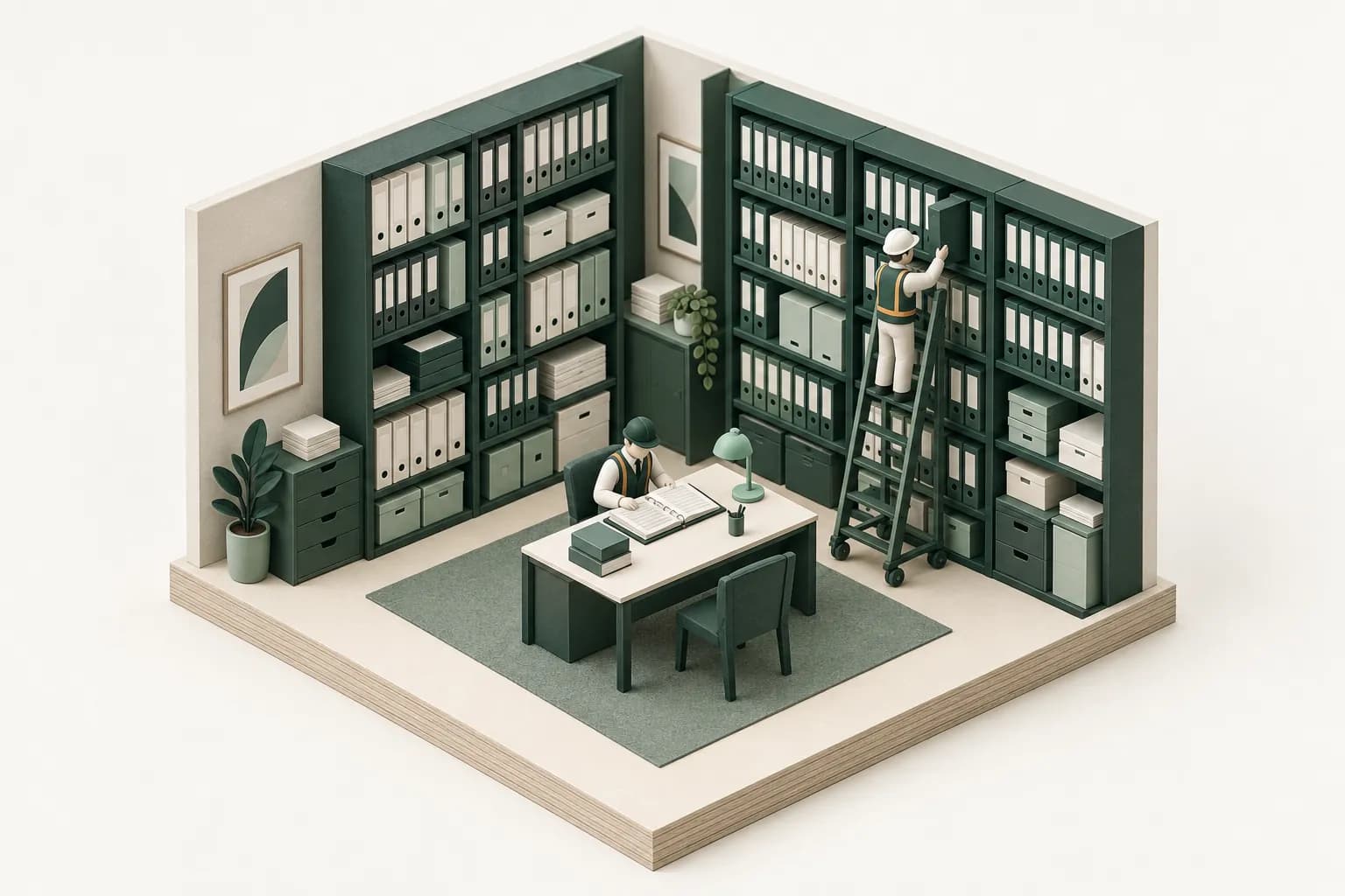 Scale model of a records archive room with evergreen shelving full of binders and a reading desk