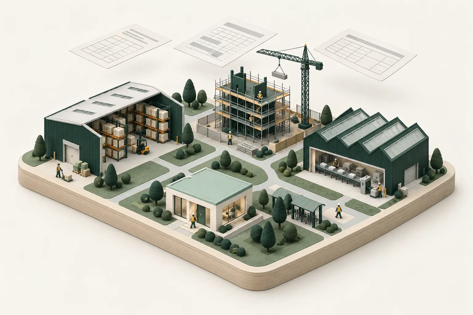Isometric scale model of an industrial campus with a warehouse, construction tower crane, manufacturing hall and first-aid clinic, with blank OSHA forms floating above
