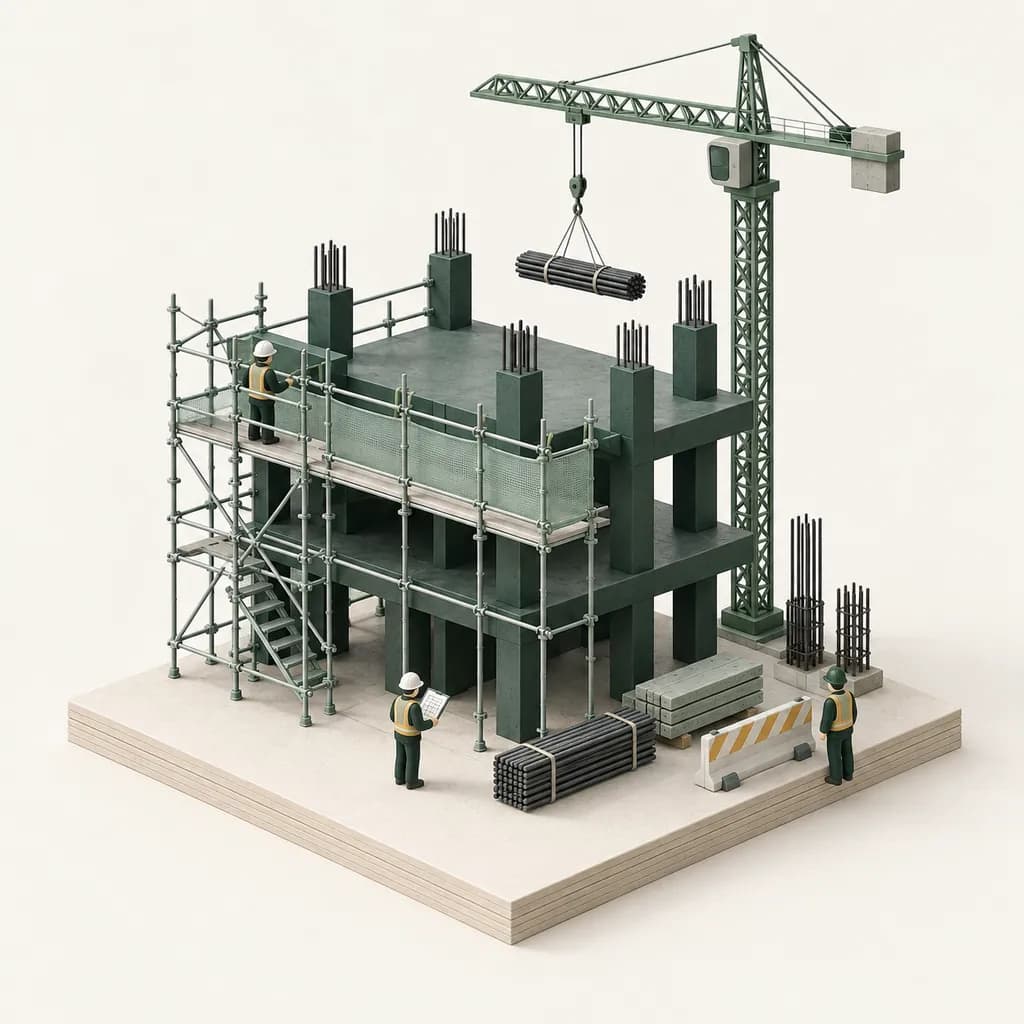 Scale model of a construction site with scaffolding, a tower crane and workers in hard hats