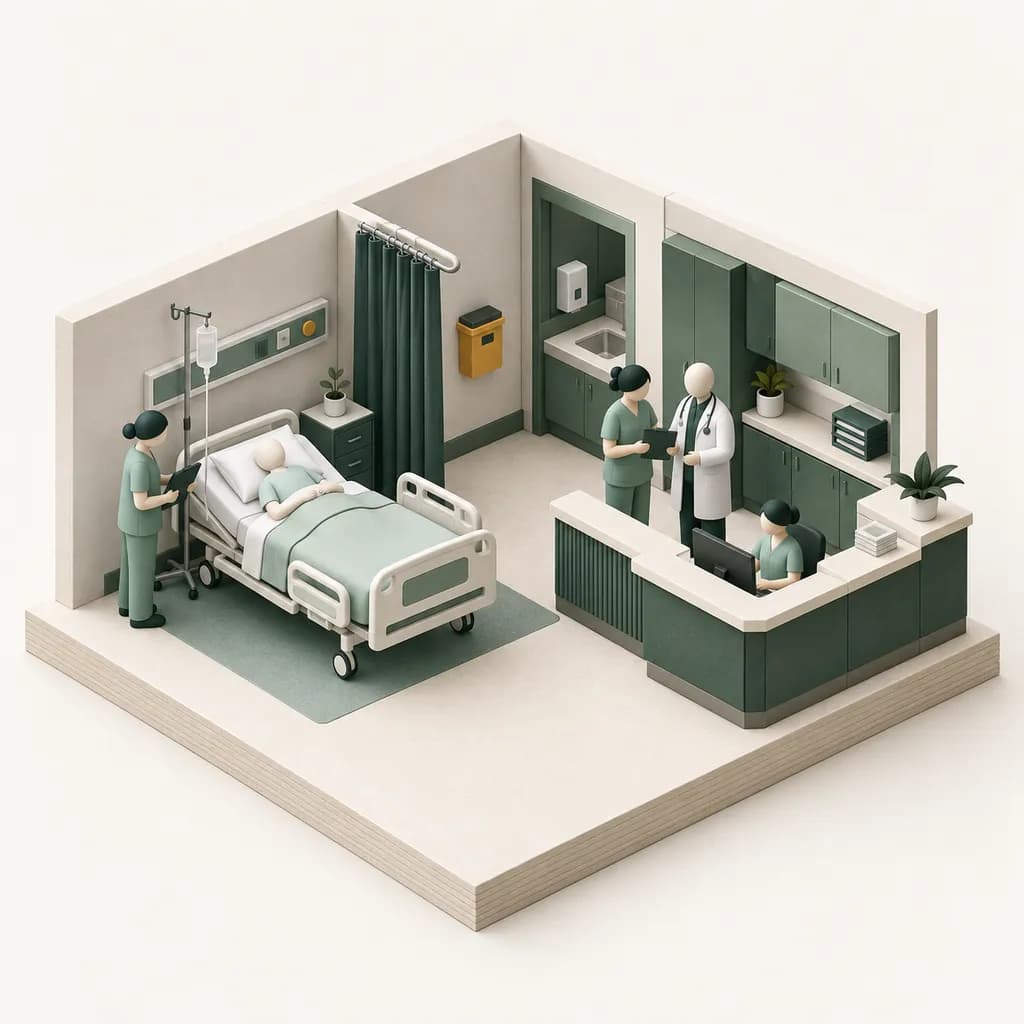 Scale model of a hospital ward with a patient bed, IV stand, sharps container and nurse station