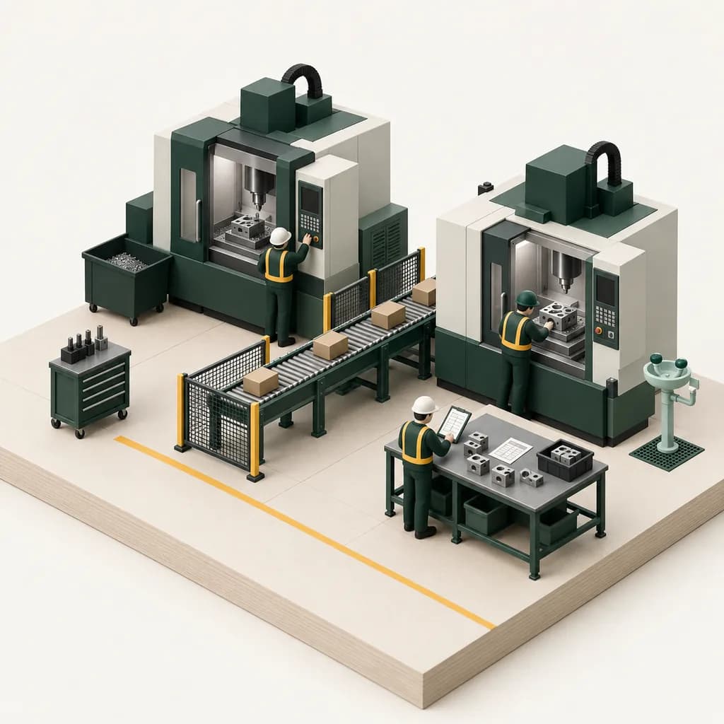Scale model of a manufacturing floor with machining centres, a conveyor and an eyewash station
