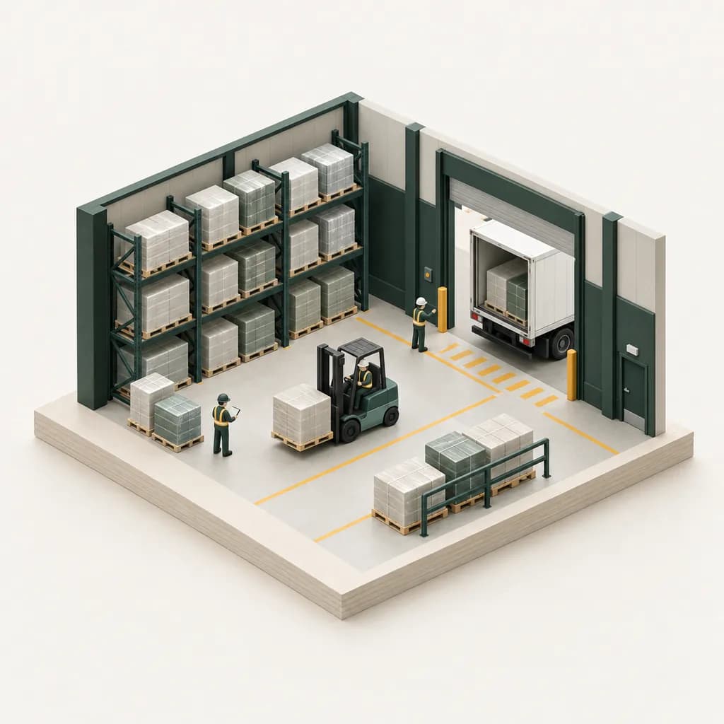 Scale model of a distribution warehouse with pallet racking, a forklift and a loading dock