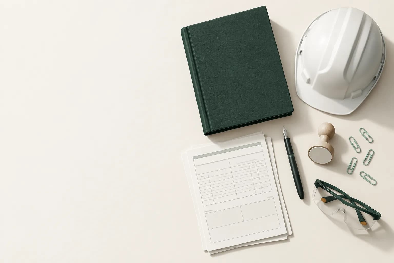 Overhead still life of an evergreen ledger binder, white hard hat, fountain pen, rubber stamp, blank forms and safety glasses